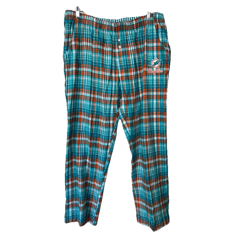 NFL Miami Dolphins Pajamas Pants Sleepwear Adult XL Plaid Blue Orange-NEW